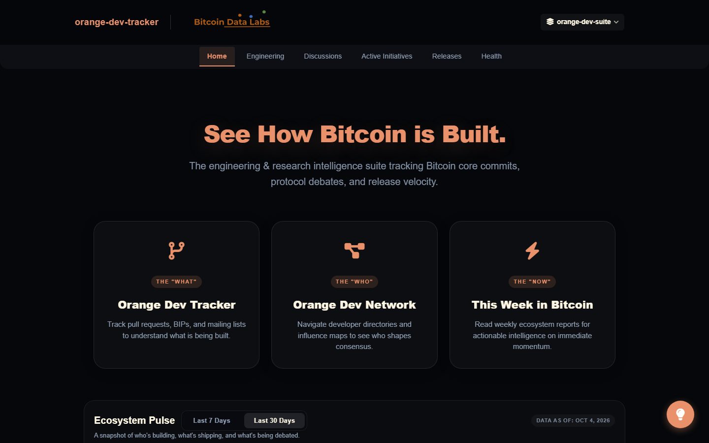 Orange Dev Tracker home: See How Bitcoin is Built